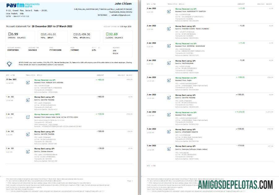 modelo de extrato bancário de pagamentos Paytm da Índia em branco, formato Word e PDF, 2 páginas